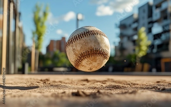 Fototapeta Baseball in mid-air above sandy ground with blurred background
