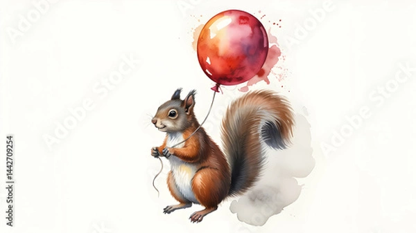 Fototapeta Playful squirrel holding a colorful balloon in a whimsical art style against a soft background
