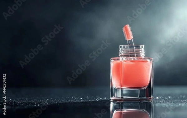 Fototapeta Elegant Pink Nail Polish in Stylish Bottle with Brush on Dark Background