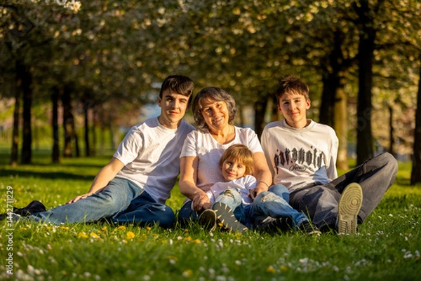 Obraz Portrait of cute stylish smiling family, boys and grandmother sitting in the grass in park