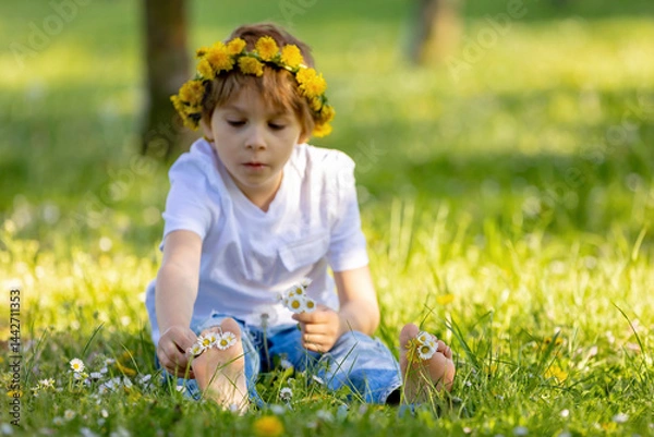 Obraz Portrait of cute stylish smiling toddler boy sitting in the grass in park