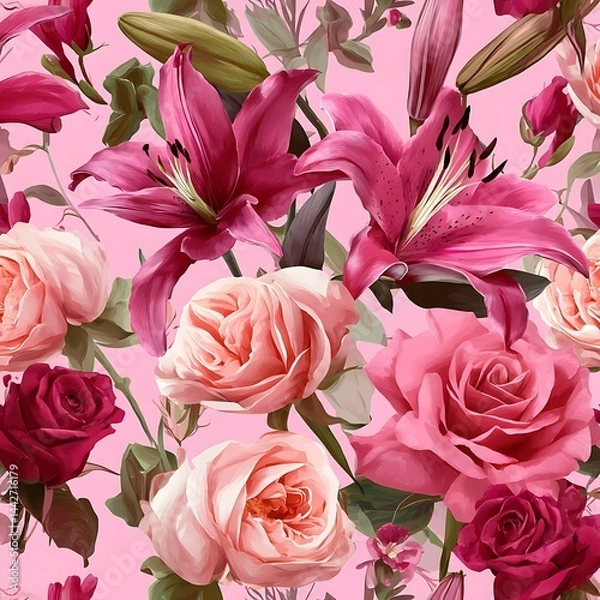 Fototapeta Elegant Seamless Pattern of Pink Roses and Lilies on a Soft Pink Background Floral Design Digital Art Aesthetic View