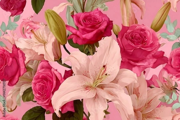 Fototapeta Floral Design Event Featuring Pink Roses and Lilies Studio Setting Digital Art Vibrant Color Palette Artistic Perspective