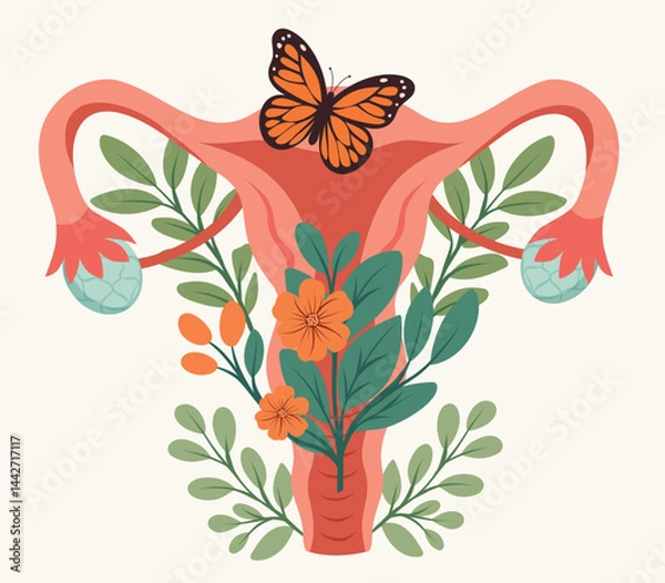 Obraz Healthy female uterus with butterfly in flowers. Women's health day. Concept of women's health, menstrual cycle, ovulation, hormones, gynecology. Use for projects and medicine
