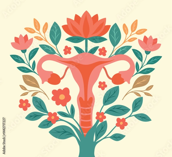 Obraz Healthy female uterus. Vector illustration of female uterus with flowers. Women's health day. Concept of women's health, menstrual cycle, ovulation, hormones, gynecology. Use for projects and medicine