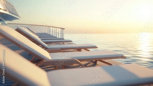 Fototapeta Along the side of the walkway on a cruise ship, sun loungers are arranged for guests to lounge comfortably while enjoying the breathtaking sea views and fresh air.