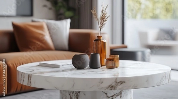 Fototapeta Amidst a blurry, modern living room, a marble table adorned with stylish decor serves as a perfect centerpiece, enhancing the room's elegant ambiance.