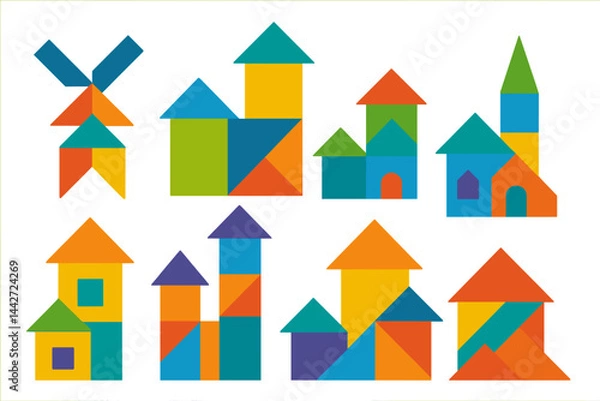 Fototapeta Colorful vector flat illustration of abstract geometric buildings and structures in vibrant hues during daytime