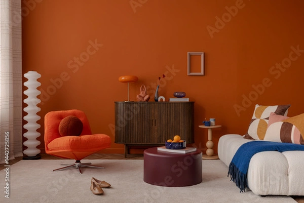 Obraz Warm modern living room with burnt orange walls, soft white sofa, and retro swivel chair. Bold colors meet cozy comfort.