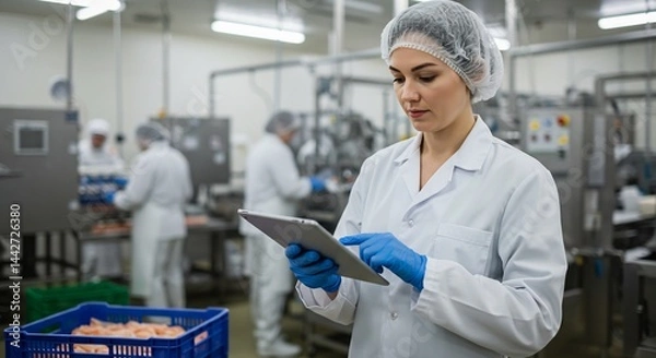 Obraz Female Food Processing Factory Worker Using Tablet Computer for Quality Control and Inventory Management