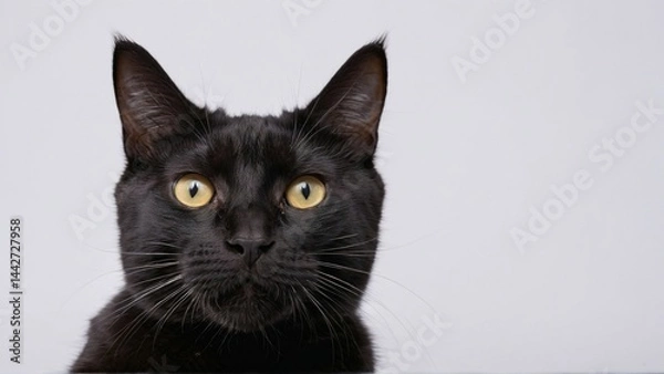 Fototapeta Mysterious Black Cat with Piercing Eyes Sitting in Shadowy Light, Perfect for Halloween, Superstition, and Elegant Pet Themes
