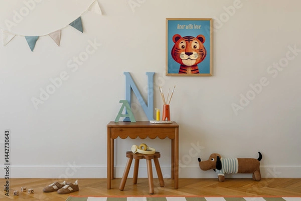 Obraz Mock up frame of tiger poster above a small wooden desk with decorative letters and art supplies — cheerful and creative kid nook.