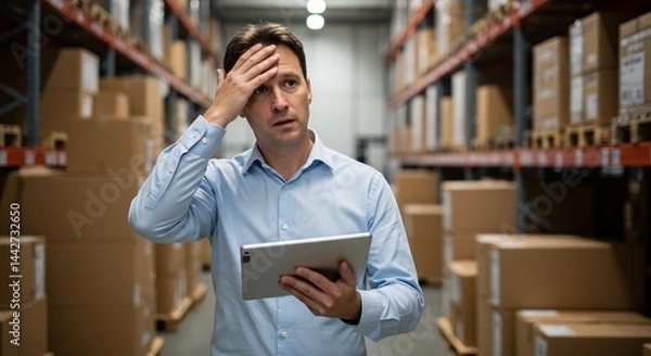 Obraz Stressed Warehouse Manager Holding Tablet, Inventory Management Problem, Frustration, Logistics, Supply Chain Issues