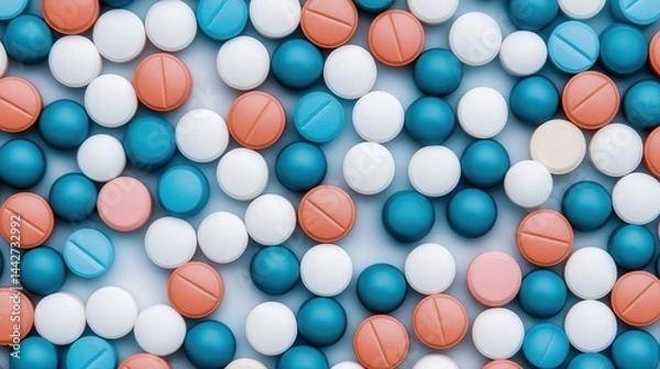 Fototapeta A colorful assortment of blue, white, and orange tablets arranged in a scattered pattern on a flat surface.