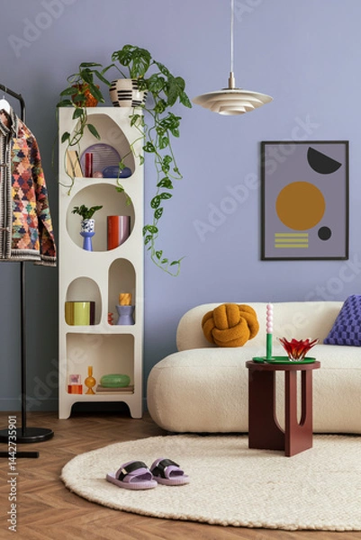 Obraz Interior desgin of modern living room interior with mock up poster frame, colorful decorations and accessories, plants, sofa, coffee table. Blue wall. Home decor. Template