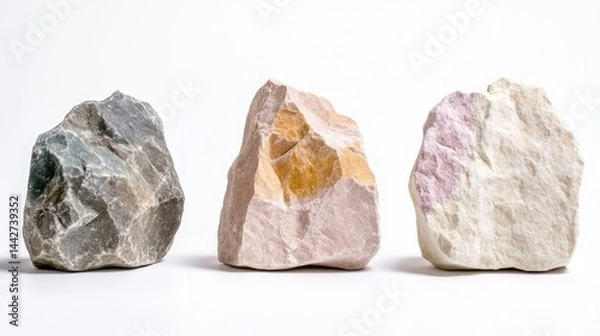 Fototapeta Three Rough Stones Neutral Tones Clean Style High Resolution Horizontal Studio Shot Textured Surfaces Geological Samples White Background Natural Earth Tones Ideal for Science Texts