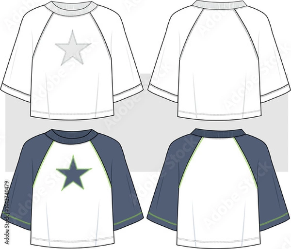 Obraz Oversize Raglan Half Sleeve T-Shirt with star print, fashion technical drawing, illustration. Front and back view, unisex CAD mockup set.
