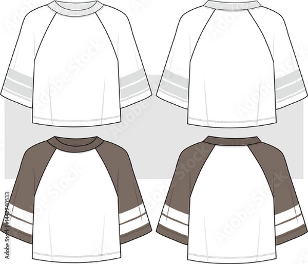 Obraz Oversize Raglan Half Sleeve T-Shirt fashion technical drawing, illustration. Front and back view, unisex CAD mockup set.