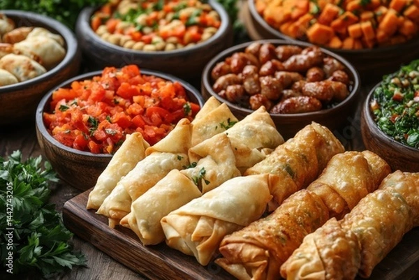 Fototapeta Delicious Assortment of Appetizers Served on Wooden Table