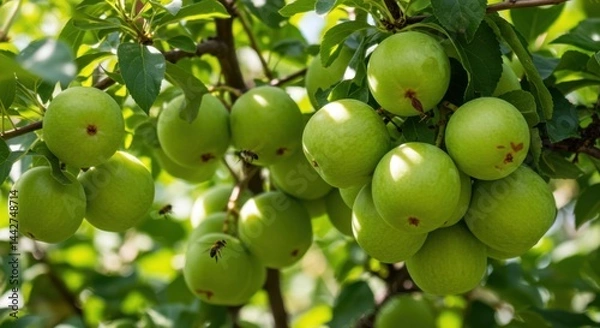 Fototapeta Cluster of green pears on tree branches