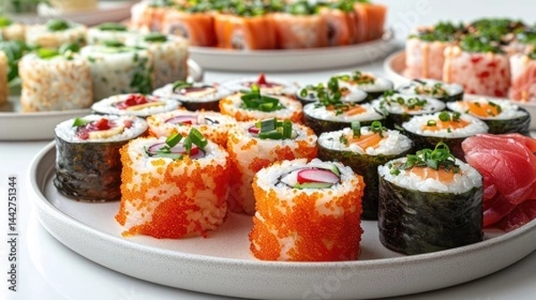 Fototapeta Side view of a vibrant sushi arranged in rows, showcasing an array of colorful rolls and nigiri adorned with fresh fish, avocado, and colorful ingredients