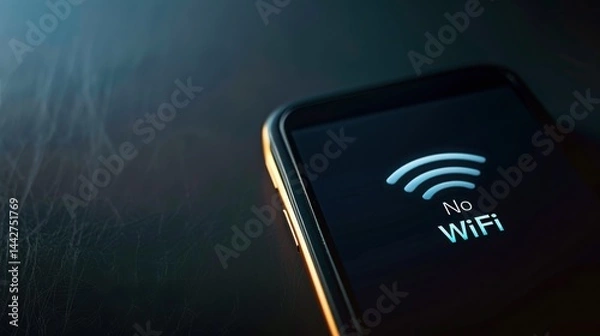 Fototapeta Mobile device displays no WiFi connection alert on screen indicating a loss of internet access in a low-light setting