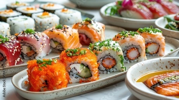 Fototapeta Side view of a vibrant sushi arranged in rows, showcasing an array of colorful rolls and nigiri adorned with fresh fish, avocado, and colorful ingredients