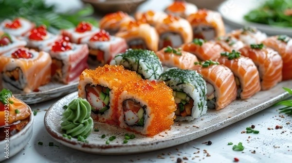 Fototapeta Side view of a vibrant sushi arranged in rows, showcasing an array of colorful rolls and nigiri adorned with fresh fish, avocado, and colorful ingredients