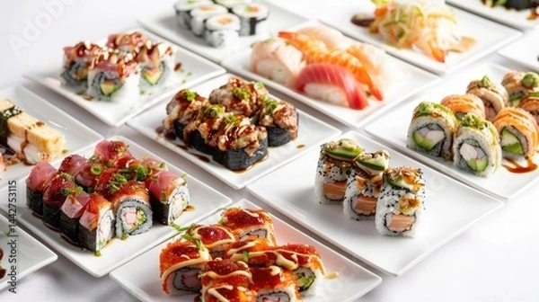 Fototapeta Side view of a vibrant sushi arranged in rows, showcasing an array of colorful rolls and nigiri adorned with fresh fish, avocado, and colorful ingredients