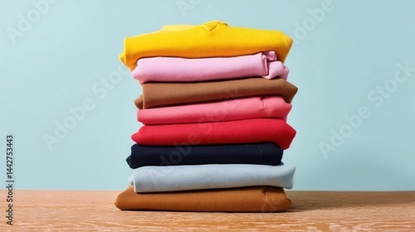 Obraz Colorful stack of folded sweaters organized neatly on a wooden table against a light blue wall background