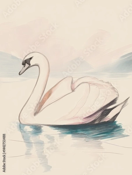 Obraz Elegant swan gliding across tranquil waters at dawn in a serene landscape setting