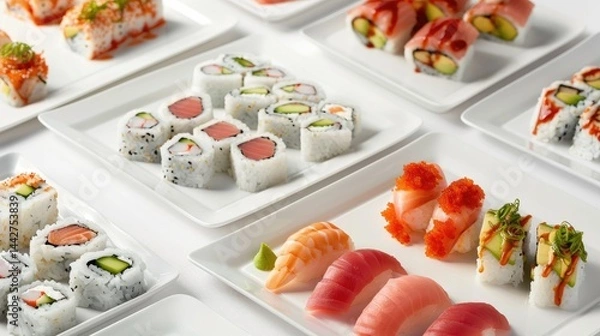 Fototapeta Overhead view of a vibrant sushi platter arranged, showcasing an array of colorful rolls and nigiri adorned with fresh fish, avocado, and colorful ingredients
