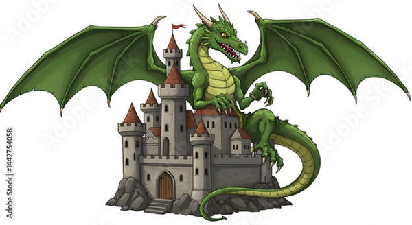 Obraz A green dragon perched atop a gray castle with red roofs against a black background scene  transparent background, white background. isolated on transparent background, png, jpeg, jpg,