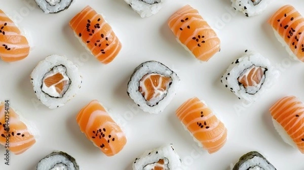 Fototapeta Overhead view of a vibrant sushi platter arranged, showcasing an array of colorful rolls and nigiri adorned with fresh fish, avocado, and colorful ingredients