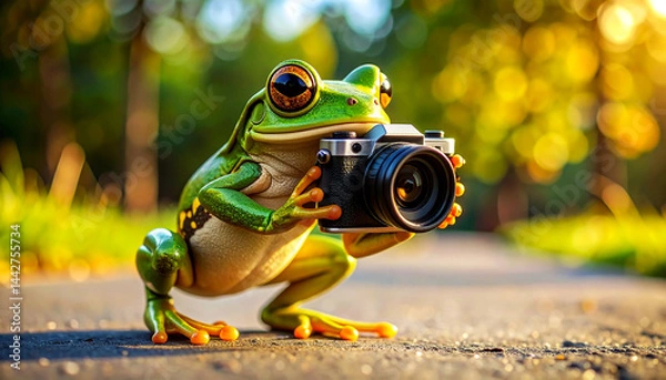 Fototapeta Extreme close-up of a green European tree frog taking a photo with a camera in a blurry outdoor environment in nature. Generative Ai.