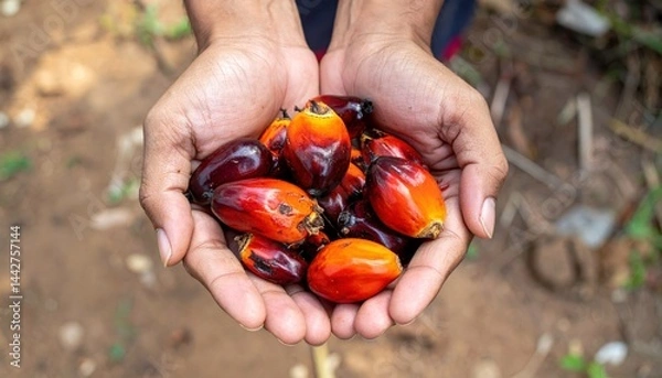 Obraz Hand holding red palm oil fruits. Suitable for food and agriculture concepts, sustainable living, healthy eating, and natural skincare themes.