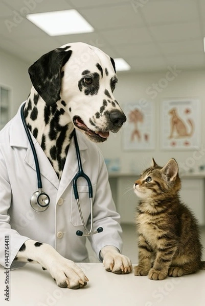 Obraz Doctor dog examining a cat in the office