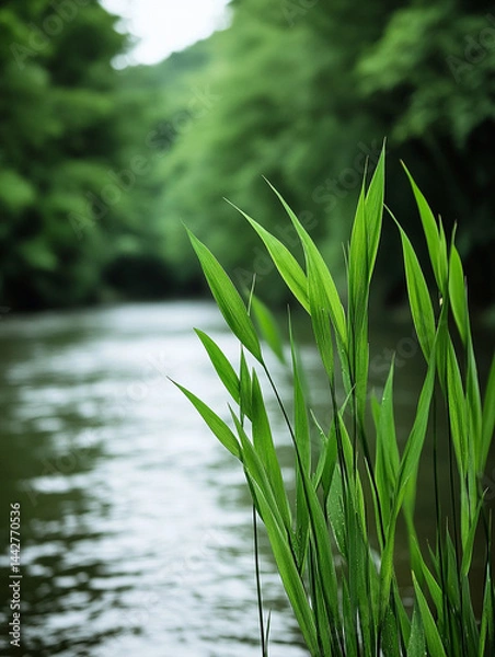 Obraz A quiet riverside scene with soft green reeds swaying in the breeze and the gentle sound of water flowing, creating a peaceful and relaxing landscape perfect for wellness, nature retreats