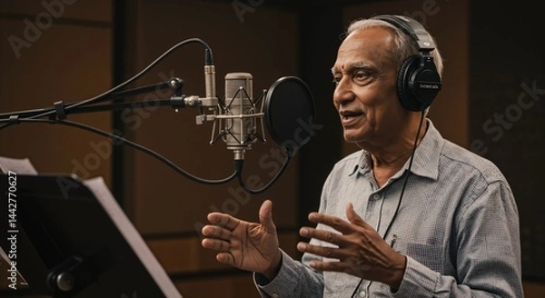 Fototapeta An older Asian man with grey hair and headphones speaks into a studio microphone, gesturing with his hands while recording audio in a professional sound booth.