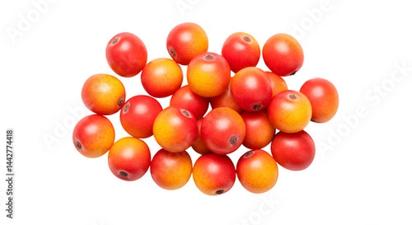 Obraz Close up of a pile of naranjilla fruits with red and yellow skin on a black background view  transparent background, white background. isolated on transparent background, png, jpeg, jpg,