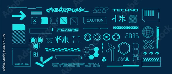 Fototapeta Futuristic sci-fi elements in Cyberpunk style for t-shirt print and game design. Futuristic HUD elements with Japanese text inscription. Futuristic emblems and signs for silkscreen clothing (1)