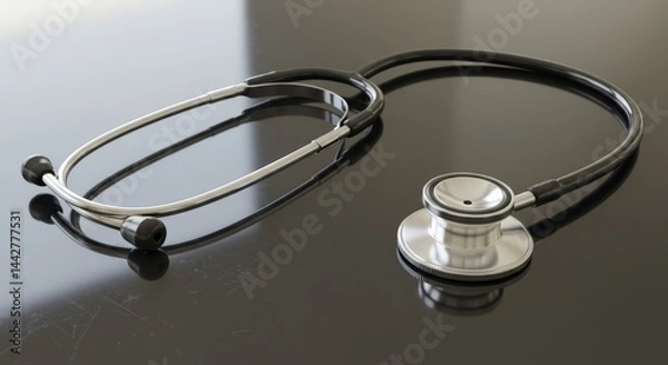 Fototapeta 3D stethoscope with light reflections on glass surface