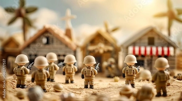 Fototapeta Group of brave soldiers standing proudly in front of a small town with historic buildings in the background