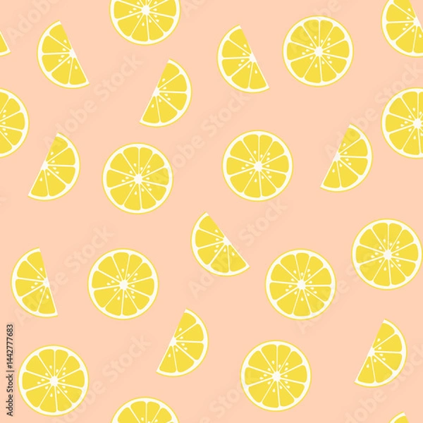 Fototapeta Lemon seamless pattern illustration. Summer vibes. Yellow lemons on the light pink background. Fruit repeated background. split lemon pattern