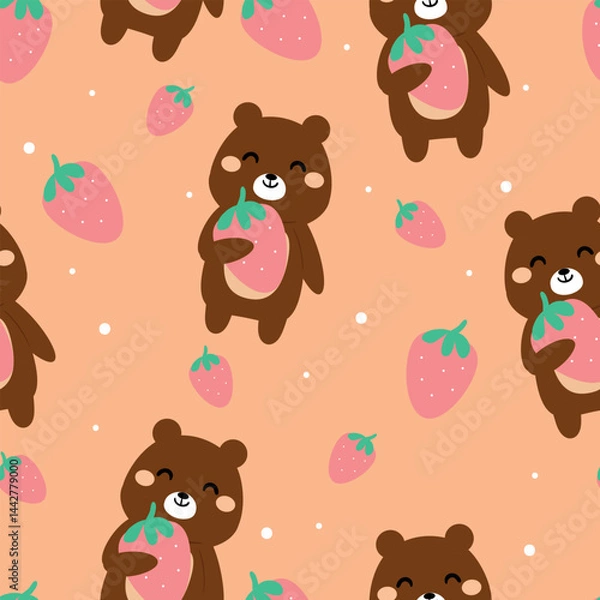 Fototapeta Seamless pattern cute cartoon bear holding strawberry. cute animal drawing for wallpaper, pattern, background