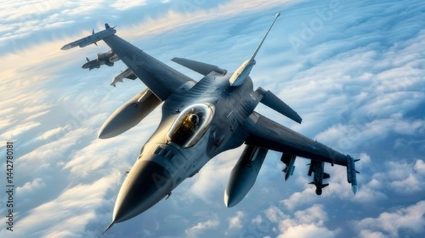 Fototapeta Impressive fighter jet soaring through clear blue sky with sunlight shining on its streamlined body and wings