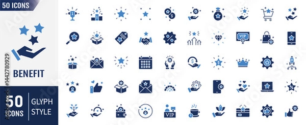 Fototapeta Benefit flat icon set. Exclusive benefits linear icon collection. Containing reward, bonus, loyalty, star, winner, award, prize, incentive, reward and more. Vector illustration