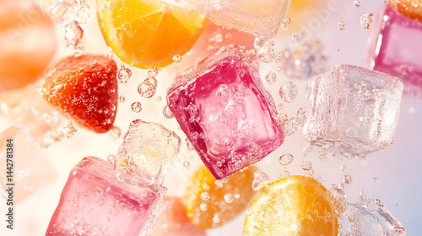 Fototapeta Refreshing ice cube with fruit slices and bubbles in water, capturing vibrant and cool sensation with citrus and strawberry pieces floating dynamically in clear liquid