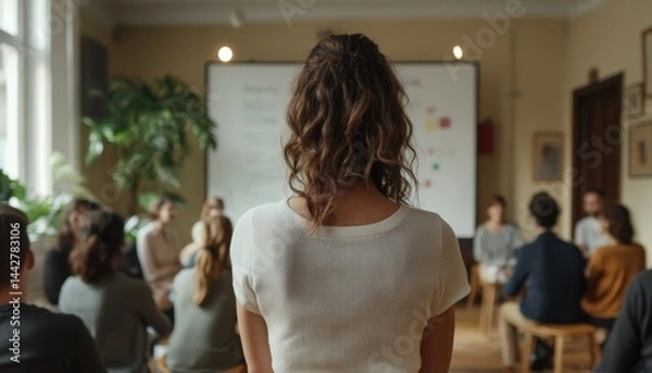 Obraz Business workshop a transgender woman engages workers in a learning environment