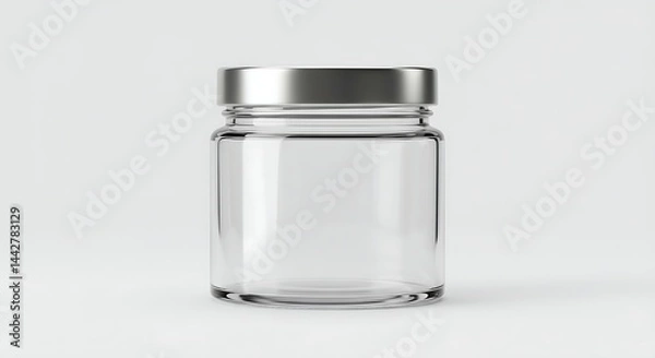 Fototapeta 3D glass jar mockup with metal lid on white background